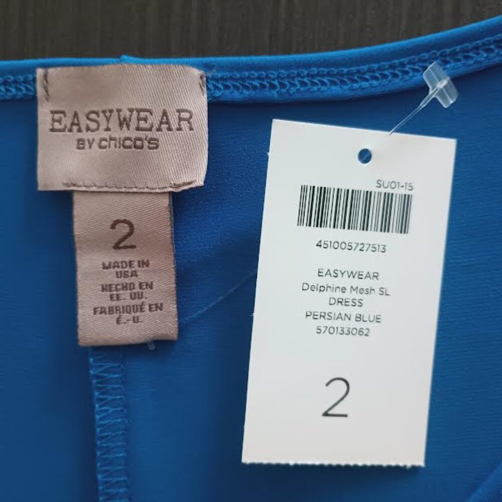 CHICO'S EASYWEAR SLEEVELESS DRESS DELPHINE MESH NECKLINE PERSIAN BLUE SIZE 2 NWT - Picture 4 of 4